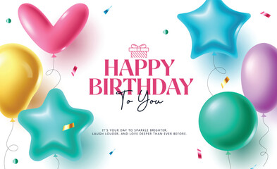 Naklejka premium Colorful Happy Birthday Background with Star and Heart Balloons, Confetti, and Inspiring Quote