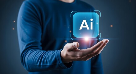 Man holding ai technology in his hand with blue background