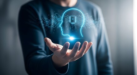 Man holding a glowing blue lightbulb with circuit board pattern