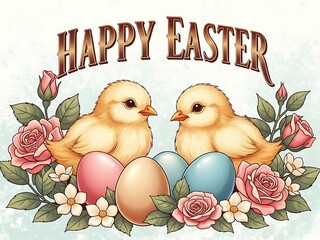 Two adorable easter chicks with eggs and flowers isolated on white background