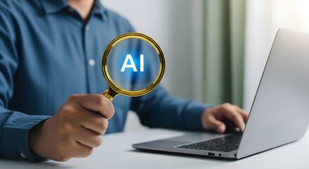 Man searching for ai with magnifying glass on laptop