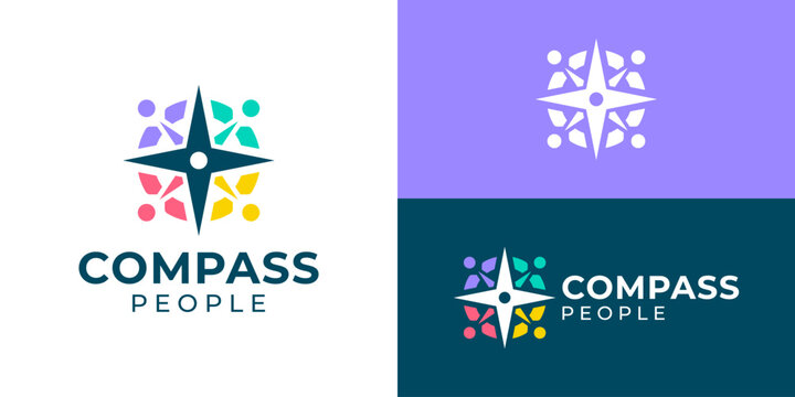 Creative simple compass people logo template. Abstract compass with people human person family leadership teamwork logo design vector illustration.