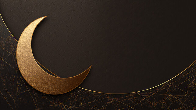 A golden crescent moon shape on a dark background with a textured surface and subtle gold accents