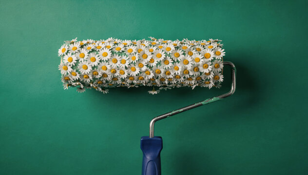 Creative concept of paint roller with fresh natural flower on green background. whimsical art idea for spring home improvement