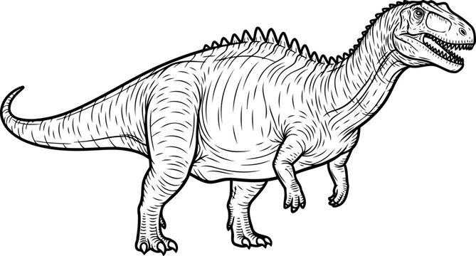 Large carnivorous allosaurus dinosaur side profile line drawing