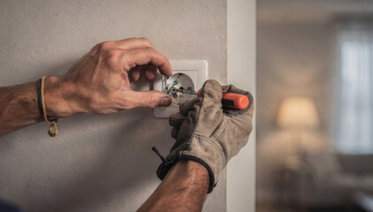 Focused electrician hand with screwdriver repair and installing electrical socket on an interior wall. Close up of home maintenance and work