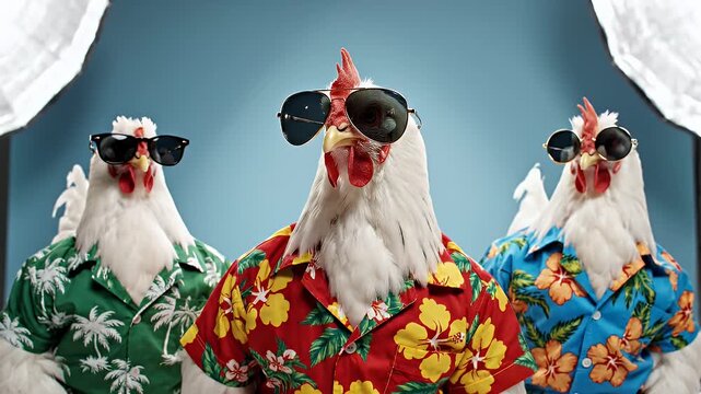 Three Chickens Wearing Sunglasses and Hawaiian Shirts Posed Together in Studio Setting with Blue Background