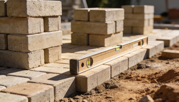 Diligent outdoor paving work in progress, laying stone paver on sand foundation with level tool for new patio walkway, construction site