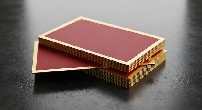Stack of Red Playing Cards with Gold Edges on Dark Surface