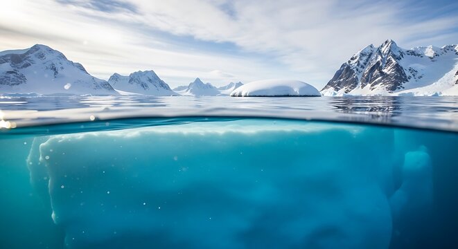 Underwater view of iceberg and Antarctic mountains, over/under shot