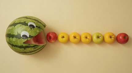 Vibrant Watermelon Pacman Fruit Game Scene , Playful Food Character, Juicy Apples, Appetizing Top View Photography