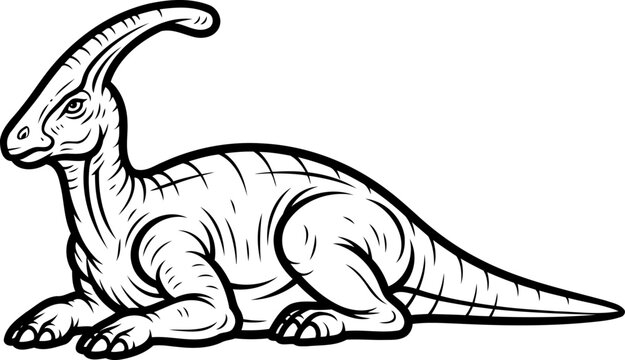 Resting parasaurolophus dinosaur lying on the ground line art profile