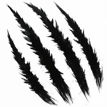 Jagged black animal claw marks scrape across white background. Sharp predator talons leave deep gashes. Wild beast attack or damage symbol. Danger concept graphic element.