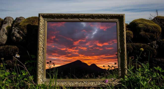 Photorealistic surreal still-life of a mirror placed outdoors reflecting a completely different sky than above it.