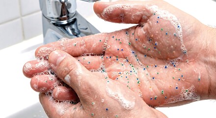 Fototapeta premium Hand washing with soap bubbles and germ