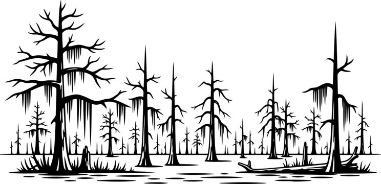 Spooky dead tree swamp silhouette landscape