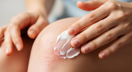 Person applying white cream to a knee with small red bumps and dry skin lotion ointment