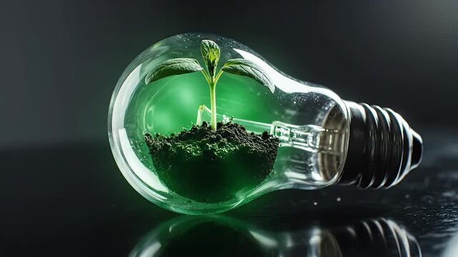 Transparent Incandescent Light Bulb Containing Vibrant Green Sprout Growing From Dark Soil With Soft Green Glow And