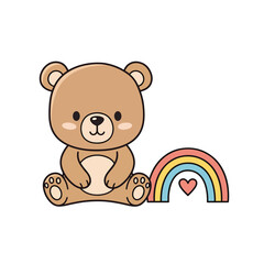 Obraz premium Adorable cartoon bear illustration sitting with a colorful rainbow and heart, cute vector art