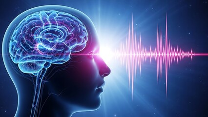 Obraz premium Conceptual visualization depicts the complex interplay between human consciousness and external auditory or neural wave frequencies interpreted within the glowing neurological structures of the brain.