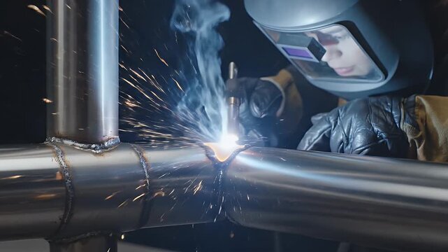 Skilled Welder With Protective Mask And Gloves Joins Metal Pipes With Intense Sparks And Smoke In A Workshop