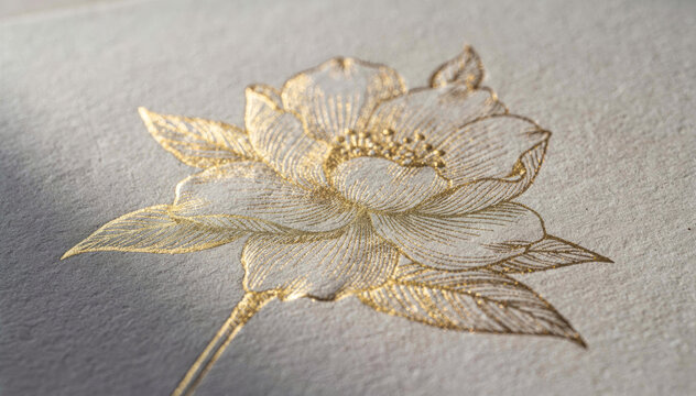 Elegant white and gold flower embroidery decoration. Beautiful handmade textile craft on light background showing delicate, gentle sophistication