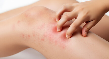 Fototapeta premium Person Scratching Red Rash on Knee with Fingers 
