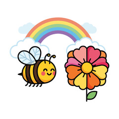 Naklejka premium Cheerful Bee and Bright Flower Under a Rainbow Sky - Whimsical Nature Illustration