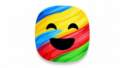Colorful smiling face emoticon with yellow blue red and green brush strokes on white background