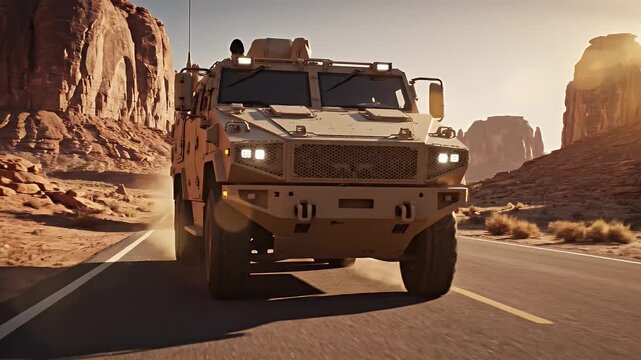Tan Armored Vehicles Drive on Desert Highway Under a Clear Sky with Dramatic Rock Formations