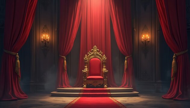 Empty throne room with golden chair and red velvet curtains. Candles light up grand interior. Majestic power and luxury ambience, royalty and history.
