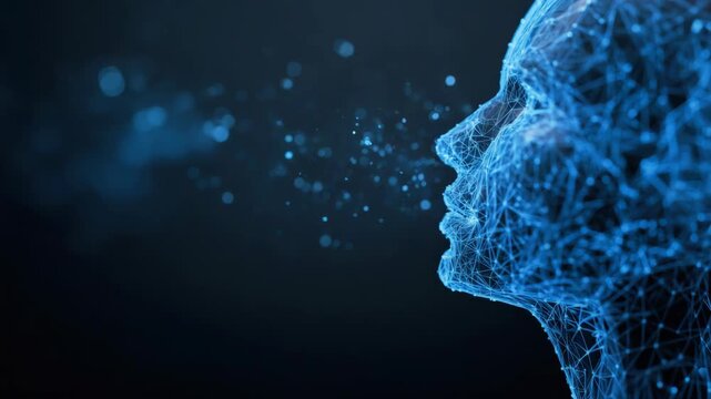 Blue wireframe head profile exhaling particles against a dark background, concept of spread