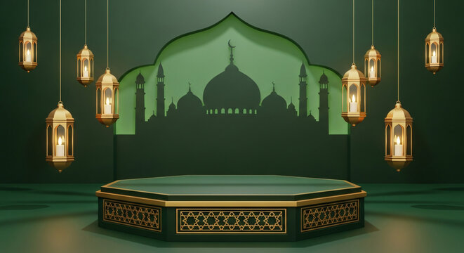Ramadan 3D podium scene, dark green podium with intricate Islamic patterns, gold edges, mosque silhouette carved in the background