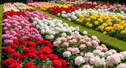 A vibrant flower garden with rows of colorful blooms in a serene outdoor setting