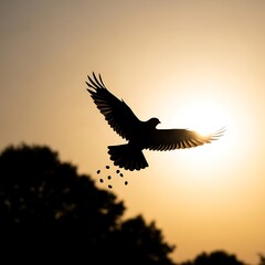Fototapeta premium A bird in flight soaring through the sky at sunset with trees below