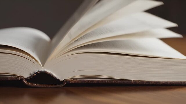 Close Up Of An Open Book With Pages Flipping On A Wooden Desk In Soft Natural Light