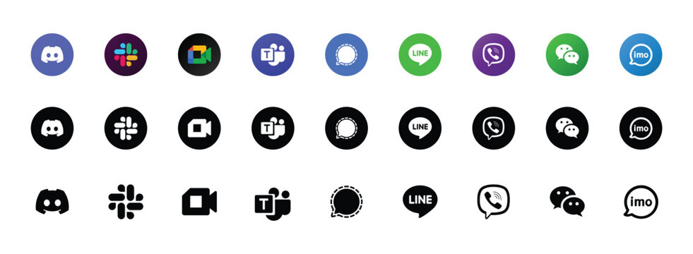 messaging and video chat app round logo icons set discord slack meet teams line imo