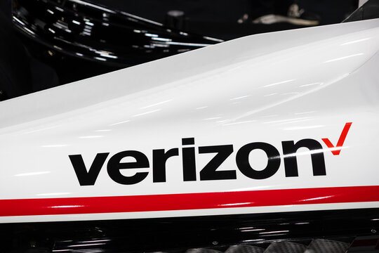 Verizon logo on white Indy car racing car in Detroit, Michigan.