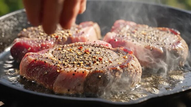 Close-up of seasoned steaks searing in a hot pan, steam rising. Spice is being sprinkled on top