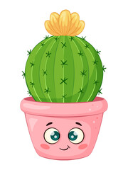 Cute smiling cactus with yellow flower in pink pot, cheerful cartoon face with big eyes. house plant.