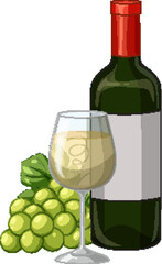Naklejka premium Vector Illustration of White Wine Bottle Glass and Green Grapes