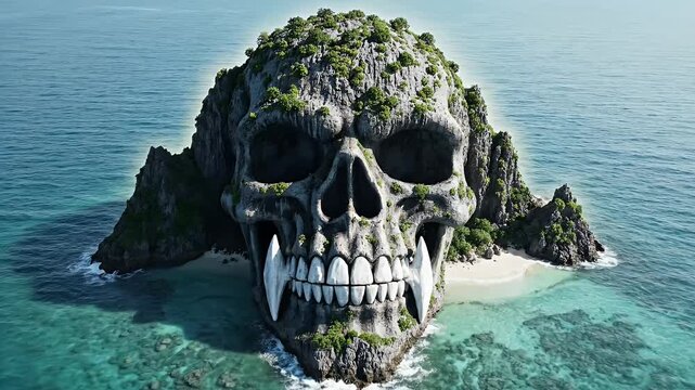 Dramatic Skull Shaped Island With Lush Greenery Surrounded By Turquoise Ocean Water And Coral Reefs