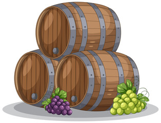 Naklejka premium Three Wooden Wine Barrels Stacked with Red and Green Grapes