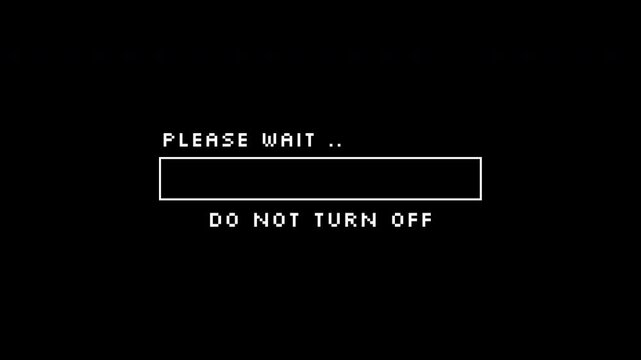 Loading glitch screen suitable for app or website design with progress bar and wait message. Ideal for tech projects.