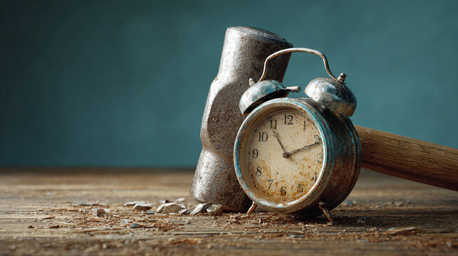 A rusty alarm clock being smashed by a large hammer on a wooden surface, depicting the concept of wasted time