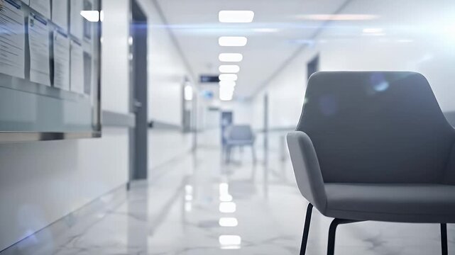 Modern Hospital Corridor With Chairs And Informational Display Board Dramatic Lighting