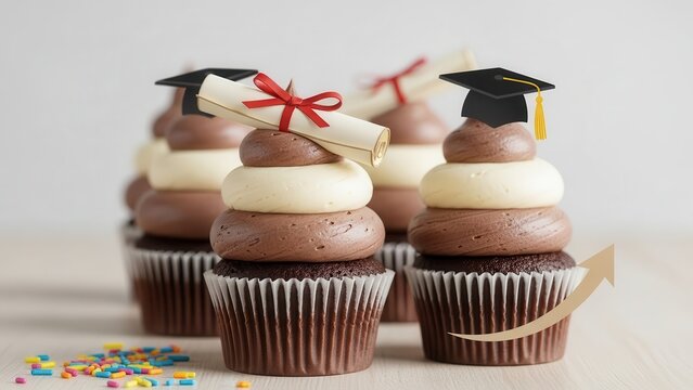 Group of chocolate graduation cupcakes with diploma and mortarboard toppers, celebrating academic achievement and success, with sprinkles and an upward trend arrow suggesting growth
