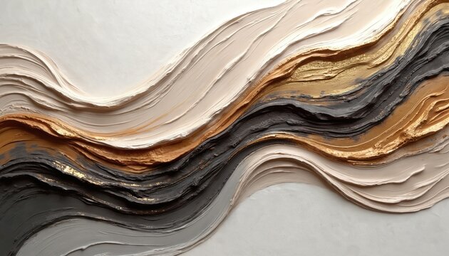 Textured abstract waves flow with earth tones, gold, dark grey shades. Rich impasto paint creates depth, movement. Modern artwork suits interior decor, gallery displays, creative projects. Luxury