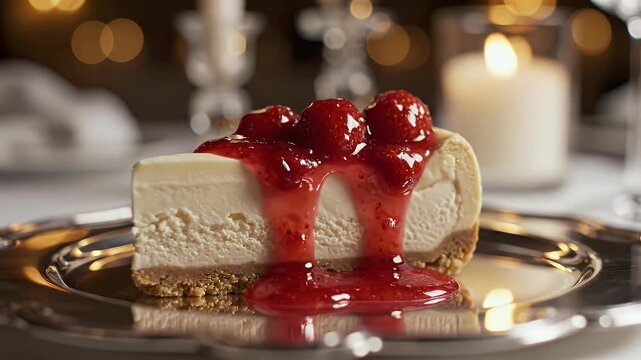 Slice of creamy cheesecake with strawberry topping on silver plate