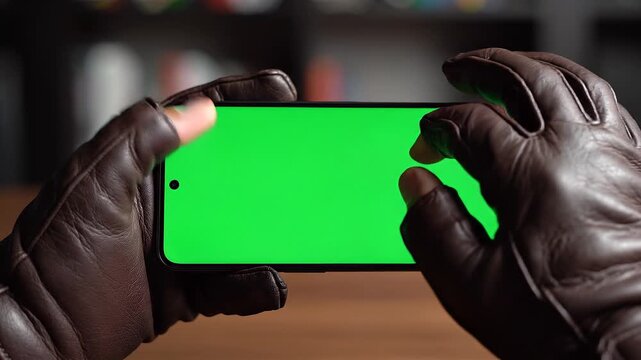 Hands in leather gloves holding a phone with a green screen on a table